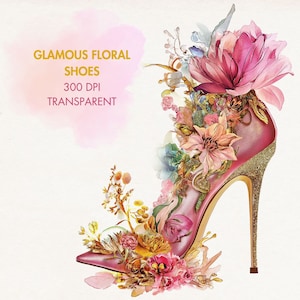 Chaussures à fleurs glamour ClipArt, superbe talon à fleurs aquarelle PNG, graphique à talons hauts chic à la mode, dessin de tenue de soirée de bal de mariage