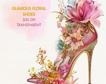 May include: A pink high-heeled shoe with a gold glitter heel is adorned with a variety of colorful flowers. The shoe is a glamorous floral design.