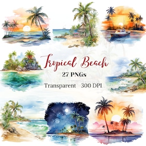 Tropical Beach Clipart, Watercolor Beach Sunrise PNG, Ocean Sunset Graphic, Vacation Scenery Art, Traveller Summer Drawing, Digital Download