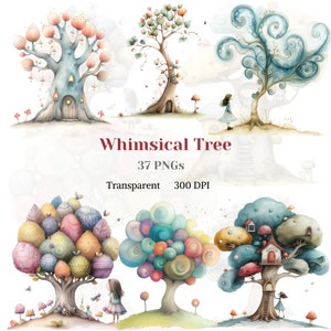 Clipart de árvore caprichosa, gráfico de árvore de planta em aquarela, PNG de árvore pastel, desenho de natureza fofa, imagem de decoração de berçário, vegetação, download digital