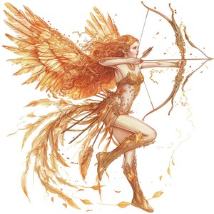 K&ouml;nnte beinhalten: Eine golden gefl&uuml;gelte Frau mit roten Haaren, die ein goldenes Outfit tr&auml;gt, h&auml;lt einen Bogen und einen Pfeil. Sie zielt mit dem Pfeil mit einem entschlossenen Ausdruck. Der Hintergrund ist wei&szlig;.