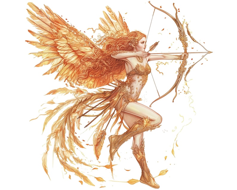 K&ouml;nnte beinhalten: Eine golden gefl&uuml;gelte Frau mit roten Haaren, die ein goldenes Outfit tr&auml;gt, h&auml;lt einen Bogen und einen Pfeil. Sie zielt mit dem Pfeil mit einem entschlossenen Ausdruck. Der Hintergrund ist wei&szlig;.