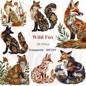 Wild Fox ClipArt grillige Forest Fox grafische rustieke bloemen versierde dierentekening Vintage Forest Fauna Art zeer gedetailleerde digitale download