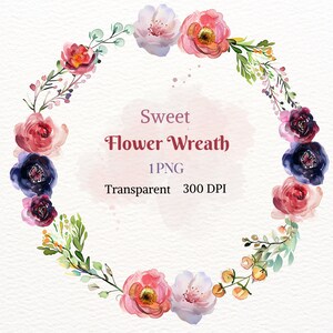 Sweet Flower Wreath Clipart Watercolor Floral Frame Graphic for Card Design Pretty Floral Drawing Premade Rose Garland Art Digital Download