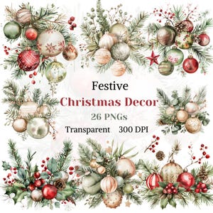 Festive Christmas Deco Clipart, Watercolor Noel Winter Decoration PNG, Ornament Arrangement Graphic, Botanical Christmas, Digital Download