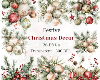 Festive Christmas Deco Clipart, Watercolor Noel Winter Decoration PNG, Ornament Arrangement Graphic, Botanical Christmas, Digital Download