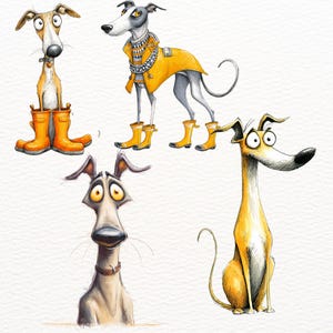 May include: A whimsical illustration featuring four cartoon greyhounds. One dog wears a yellow raincoat and boots, another stands in orange boots, and two others have expressive faces. The artwork uses a vibrant color palette and playful style.
