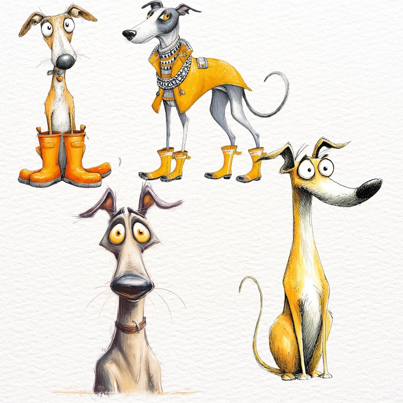May include: A whimsical illustration featuring four cartoon greyhounds. One dog wears a yellow raincoat and boots, another stands in orange boots, and two others have expressive faces. The artwork uses a vibrant color palette and playful style.