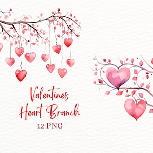 Clip Art de rama de corazón de San Valentín, PNG colgante de corazón de acuarela, gráfico de guirnalda de amor, imagen romántica de árbol de corazón rosa, descarga instantánea digital