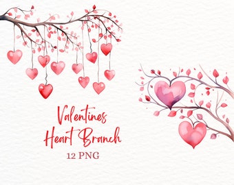 Valentine Heart Branch ClipArt, Watercolor Heart Hanging PNG, Love Garland Graphic, Romantic Pink Heart Tree Image, Digital Instant Download