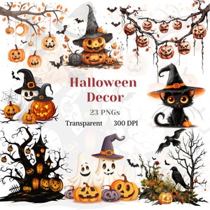 Puede incluir: Un conjunto de 23 imágenes de clipart digital con temática de Halloween, que incluyen una casa encantada, fantasmas, calabazas, murciélagos, un gato negro y un cuervo. Las imágenes son transparentes y de 300 DPI.