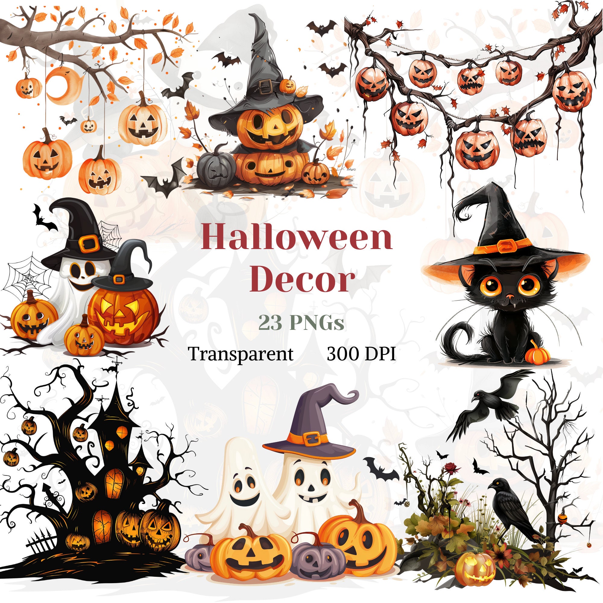 Halloween Decor Clipart Transparent PNG Halloween Pumpkin Decoration Graphic Dark Wizard Image Cute Halloween Drawing Cat Spider Bat Ghost