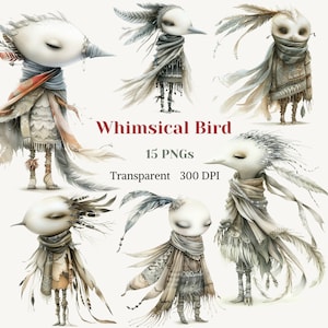 Whimsical Bird ClipArt, Aquarela Quirky Bird PNG, Imagem de Pena de Fantasia, Desenho de Animal, Ilustração de Pássaro Cinza, Cachecol, Download Digital