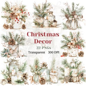 Christmas Decor Clipart, Watercolor Noel Winter Decoration PNG, Candle Pine Corn Arrangement Graphic, Beige, Digital Download, Junk Journal