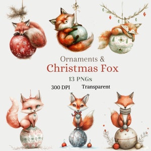 Noël Fox Clipart Mignon Noel Forêt Animal Image Ornement festif Art Vacances d’hiver Graphique pour la conception de cartes Téléchargement numérique pour les enfants