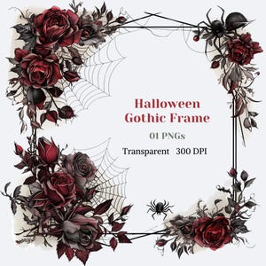 Halloween Gothic Frame Clipart Watercolor Transparent PNG Halloween Deco Graphic Fall Botanical Wreath Image Dark Rose Leaves Arrangement