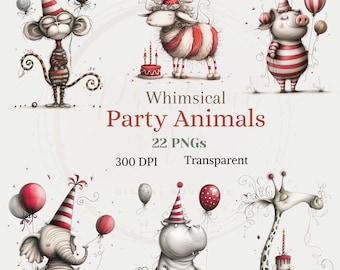 Whimsical Party Animals Clipart Quirky Funny Animal Image Transparent PNG Party Birthday Cake Graphic Hippo Monkey Giraffe Zebra Drawing Art