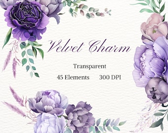 Velvet Charm ClipArt Transparent Watercolor PNG Purple Flora Image Flower Drawing Fantasy, Peony Petal Leave Graphic Lilac Botanic Image