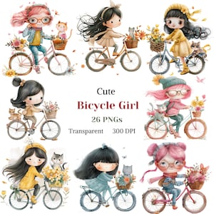 Clipart de jolie fille à vélo, image de petite fille adorable, aquarelle PNG pour baby shower, décoration de chambre d'enfant, chat à vélo, téléchargement numérique