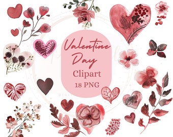 18 Valentine Heart Flowers Clip Art: Transparent, PNG, 300 DPI, Watercolor, Love, Heart, Romantic, Crafting, Scrapbooking, commercial use