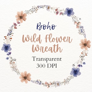 Boho flor silvestre corona clipart floral acuarela PNG marco prefabricado primavera verano dibujo prado arte pétalo dejar imagen disposición gráfico