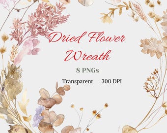 Watercolor Floral Wreath Clipart, Dried Wild Flower Frame Image, Botanical Wedding PNG, Wildflower Arrangement, Beige Boho Art, Digital Art