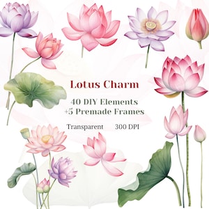 Lotus Charm Clipart, Lotus Flower DIY Elements PNGs, Aquarel Waterlelie Frame Grafisch, Roze Lotus Krans Afbeelding, Crafting Individuen Kunst