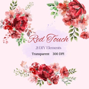 Red Touch ClipArt, Watercolor Red Flower DIY Elements PNG, Pretty Wedding Flora Drawing, Botanical Individual Images, Delicate Petal Graphic