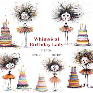Puede incluir: Conjunto de clipart digital Whimsical Birthday Lady de 7 imágenes. Cada imagen presenta una mujer de dibujos animados con cabello colorido y un pastel de cumpleaños de varios pisos con velas. Las imágenes miden 30,48 cm por 30,48 cm y 300 DPI.