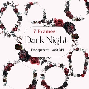 Clipart de noite escura, coroa de flores de rosa vermelha preta PNG, imagem de moldura de flor, gráfico de guirlanda gótica pré-fabricada, arte de desenho de Halloween em aquarela