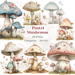 Clipart di funghi pastello, PNG di funghi stravaganti ad acquerello, grafica di funghi della foresta, immagine carina della natura, arte della decorazione della stanza dei bambini, download digitale