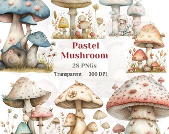 Pastel Mushroom Clipart, Watercolor Whimsical Mushroom PNG, Forest Toadstool Graphic, Cute Nature Image, Nursery Decor Art, Digital Download