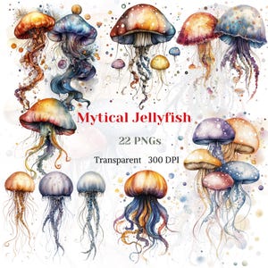 Mythical Jellyfish ClipArt, Ocean Jellyfish Graphic, Rustic Deep Sea Animal Drawing, Celestial Boho Image, Junk Journal, Digital Download