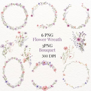 Clipart de buquê de guirlanda de flores silvestres, moldura floral em aquarela, imagem de guirlanda de flores silvestres de primavera pré-fabricada, desenho de buquê floral de verão, casamento