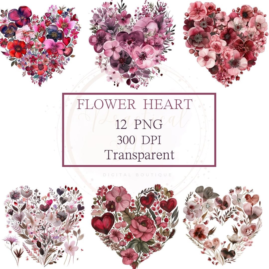 Flower Heart Clip Art, Watercolor Valentine Heart PNG, Love Floral ...