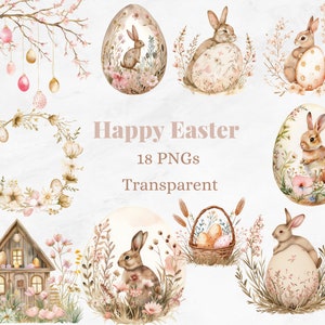Happy Easter ClipArt, Watercolor Easter Bunny Egg PNG,  Easter Egg Wreath Graphic, Egg Branch Basket Drawing, Beige Spring, Digital Download
