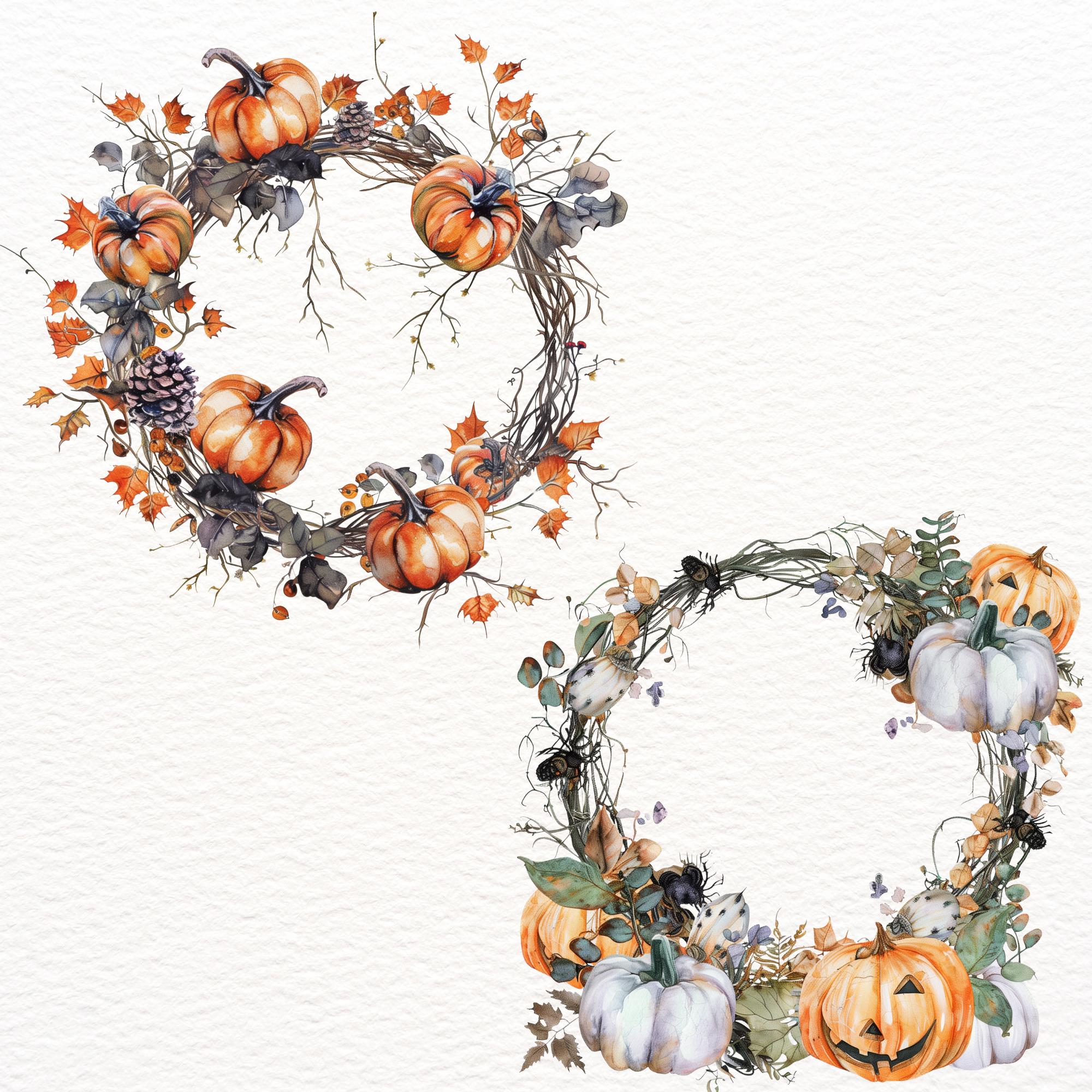 Autumn Wreath Clipart, Watercolor Halloween Pumpkin Deco PNG, Fall ...