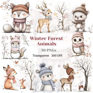 Inverno foresta animali Clipart acquerello PNG carino adorabile animale grafica bella scuola materna animale disegno cofano sciarpa coniglio volpe gufo cervo arte