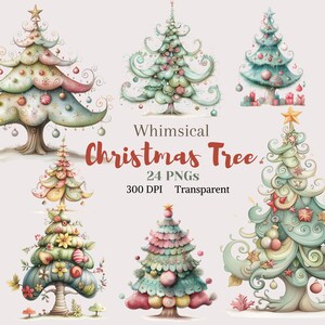 Whimsical Christmas Tree Clipart Noel Winter Tree Graphic Fofo Festivo Árvore de Natal Desenho Pastel Pinheiro para Cartão Digital Download Art