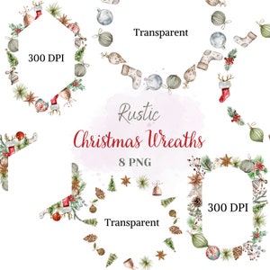 Couronnes de Noël rustiques Bundle Aquarelle Cadre d’hiver PNG Noel Clipart Image Carte de Noël Dessin Pin Arrangement Botanique Neutre