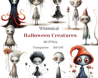 Whimsical Halloween Creatures Clipart - 40 PNGs, Transparent 300 DPI Watercolor