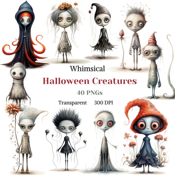 Whimsical Halloween Creature Clipart Watercolor Transparent PNG Halloween Graphic Image Cute Quirky Drawing Gothic Character Gothic Haunting