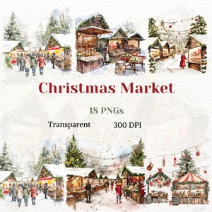 Mercado de Natal Clipart Aquarela Transparente PNG Noel Winter Imagem Gráfica Feriados Festivos Desenho Branco Patinação no Gelo Ilustração Mágica