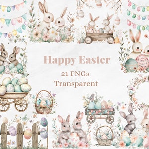 Happy Easter ClipArt, Watercolor Easter Bunny Eggs PNG, Egg Wreath Basket Graphic, Festive Spring Image, Flag Ballon Neutral Drawing, Beige