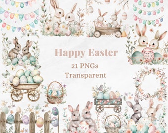 Happy Easter Clip Art, Watercolor Easter Bunny Eggs PNG, Egg Wreath Basket Graphic, Spring Image, Flag Balloon Neutral Drawing, Digital Print