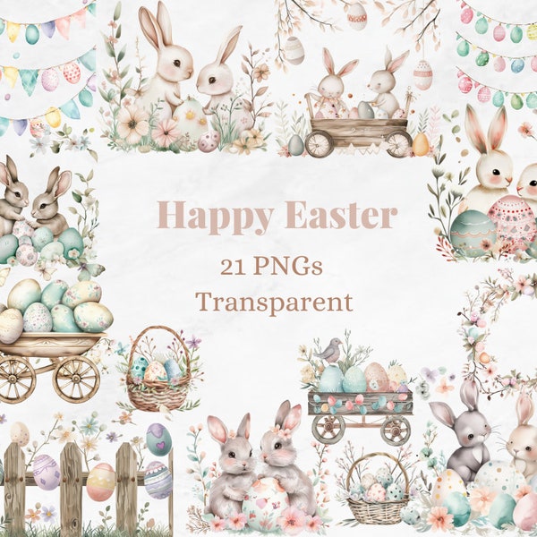 21 Happy Easter ClipArt Watercolor Transparent PNG Bunny Eggs Wreath Basket Graphic Festive Spring Image Flag Ballon Neutral Drawing Beige