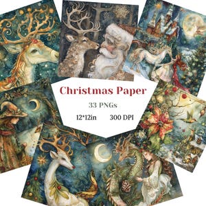 Christmas Paper Digital Download PNG Christmas Page Set Whimsical Digital Paper Retro Santa Claus Printable Art Noel Festive Magical Night
