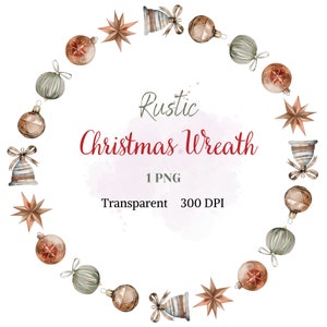 Könnte beinhalten: Eine Aquarell-Illustration eines rustikalen Weihnachtskranzes aus Ornamenten, Glocken und Sternen. Der Kranz hat eine Kreisform und einen weißen Hintergrund.