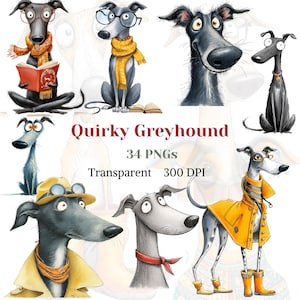 Könnte beinhalten: Eine Sammlung skurriler Windhund-Illustrationen. Die Hunde sind in verschiedenen Posen dargestellt und tragen Brillen, Schals und Regenmäntel. Der Text "Quirky Greyhound" wird zusammen mit Details zu den PNG-Dateien angezeigt.