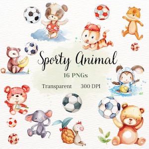 Sporty Animal Clipart Adorable Safari Imagen Acuarela Transparente PNG Baby Shower Gráfico Vivero Decoración Dibujo Lindo Bebé Party Planner Arte